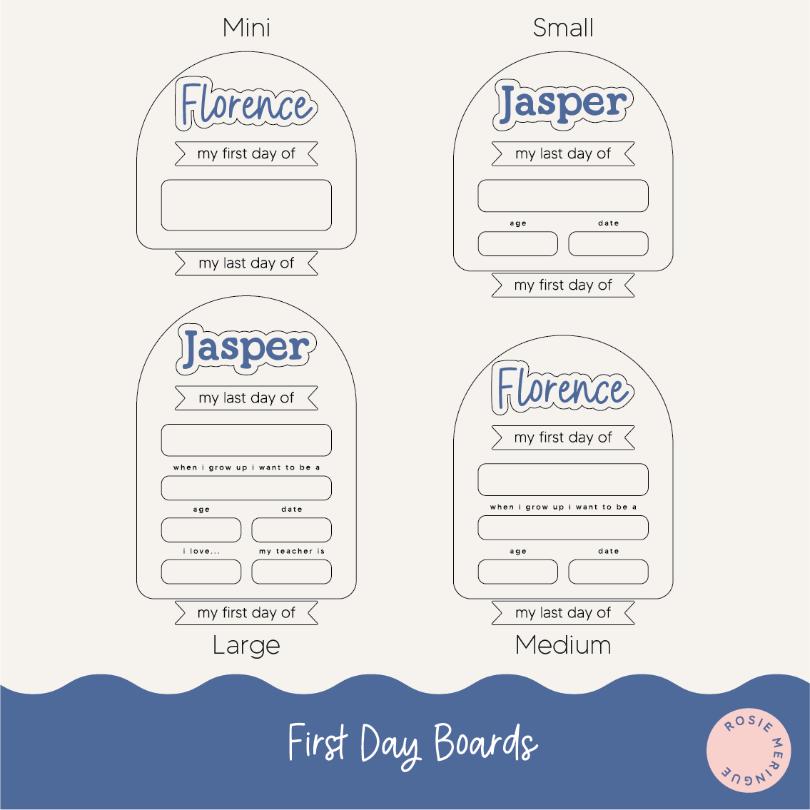 Four different sizes of 'First Day Boards' with names 'Florence' and 'Jasper' on a white background.