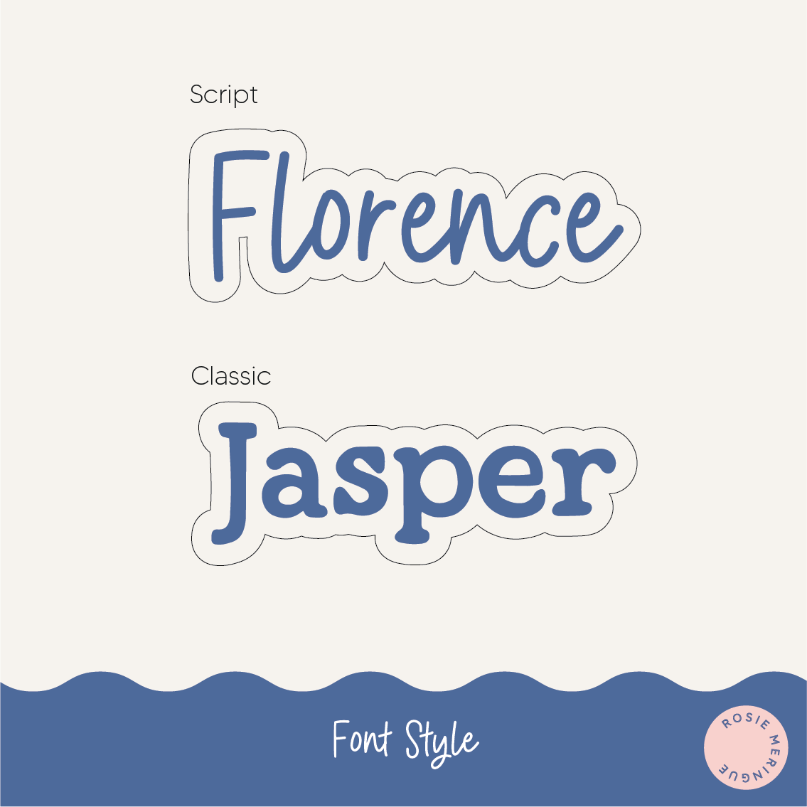 Two names 'Florence' and 'Jasper' in a script font style on a white background with a blue wavy line at the bottom.