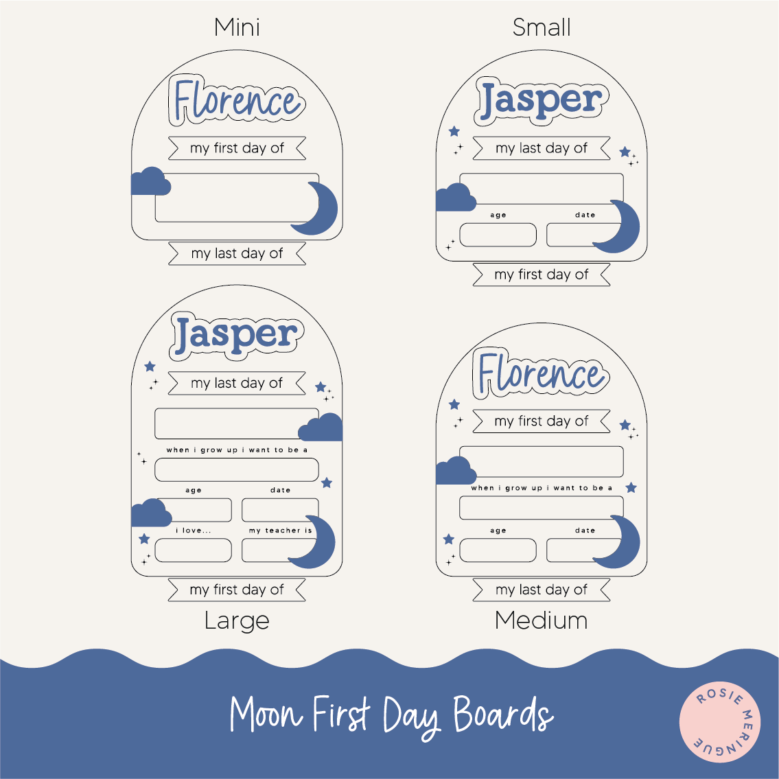 Moon First Day Boards with names Florence and Jasper on a white background