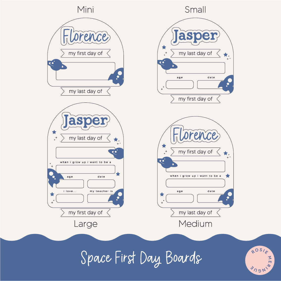 Space-themed first day of school boards for children with sizes Mini, Small, Medium, and Large.