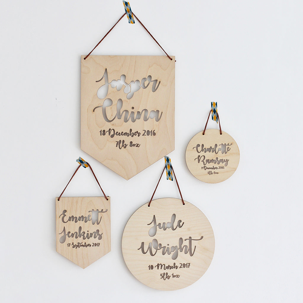 Lasercut birth plaque for newborns, babies and baby boys and girls. Made from poplar plywood. Contains the name, date of birth and weight laser cut from the wood. The perfect gift for anyone.
