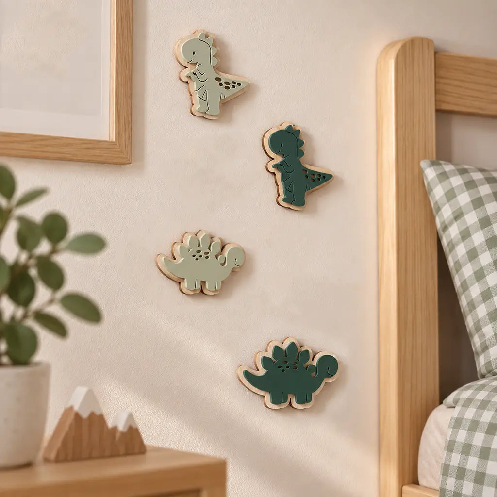 Green dinosaur wooden and acrylic wall hooks for a dinosaur themed children's bedroom