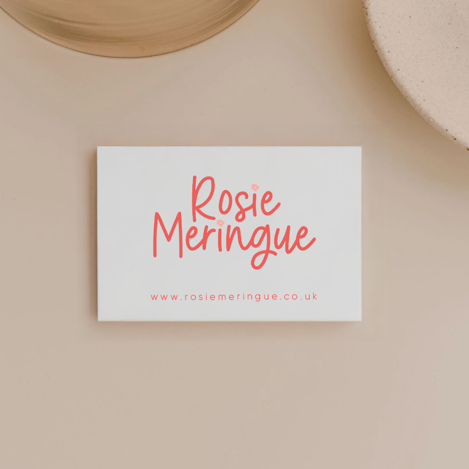 White card with 'Rosie Meringue' in red text on a beige background