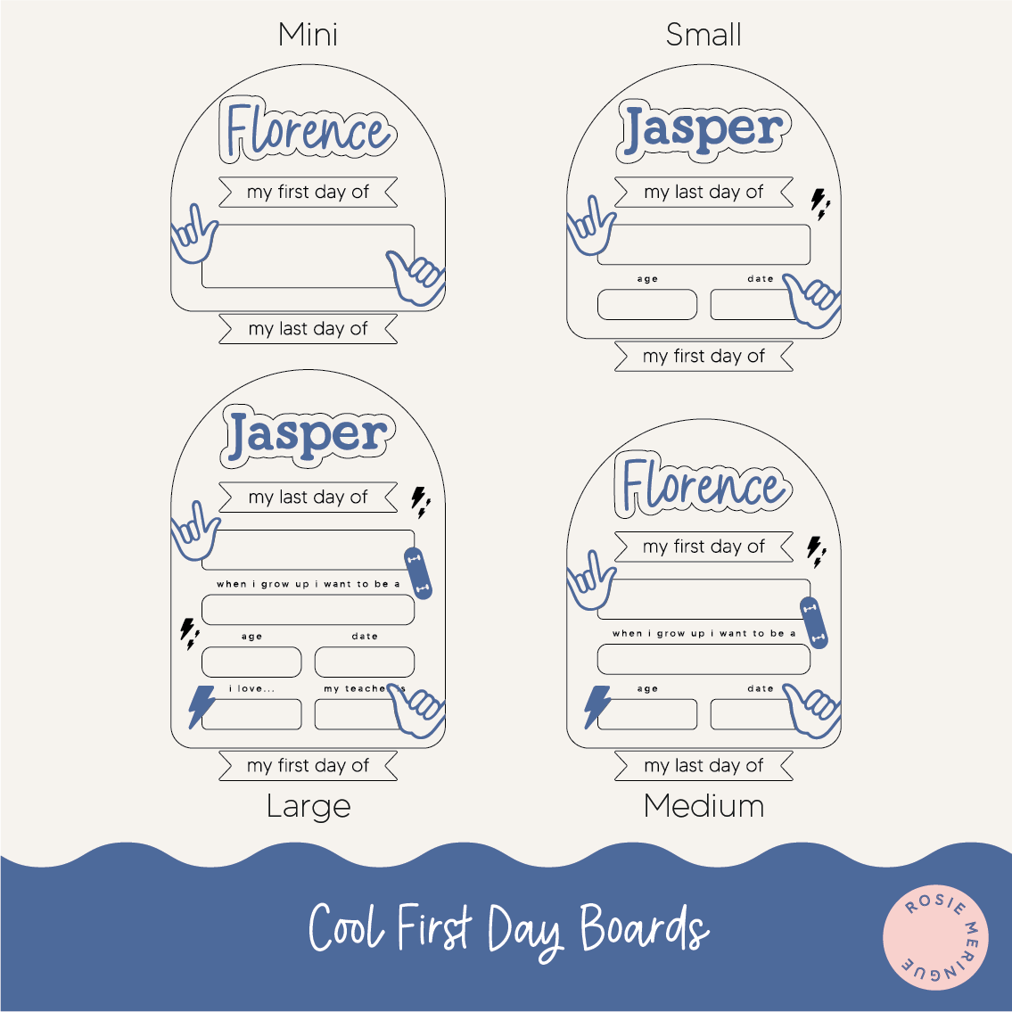 Four different sizes of 'Cool First Day Boards' with names 'Florence' and 'Jasper'.