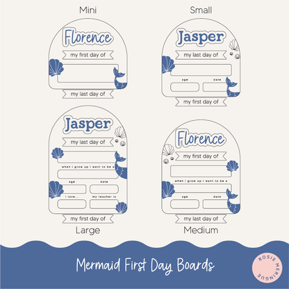Mermaid-themed first day of school boards for children with sizes Mini, Small, Medium, and Large.