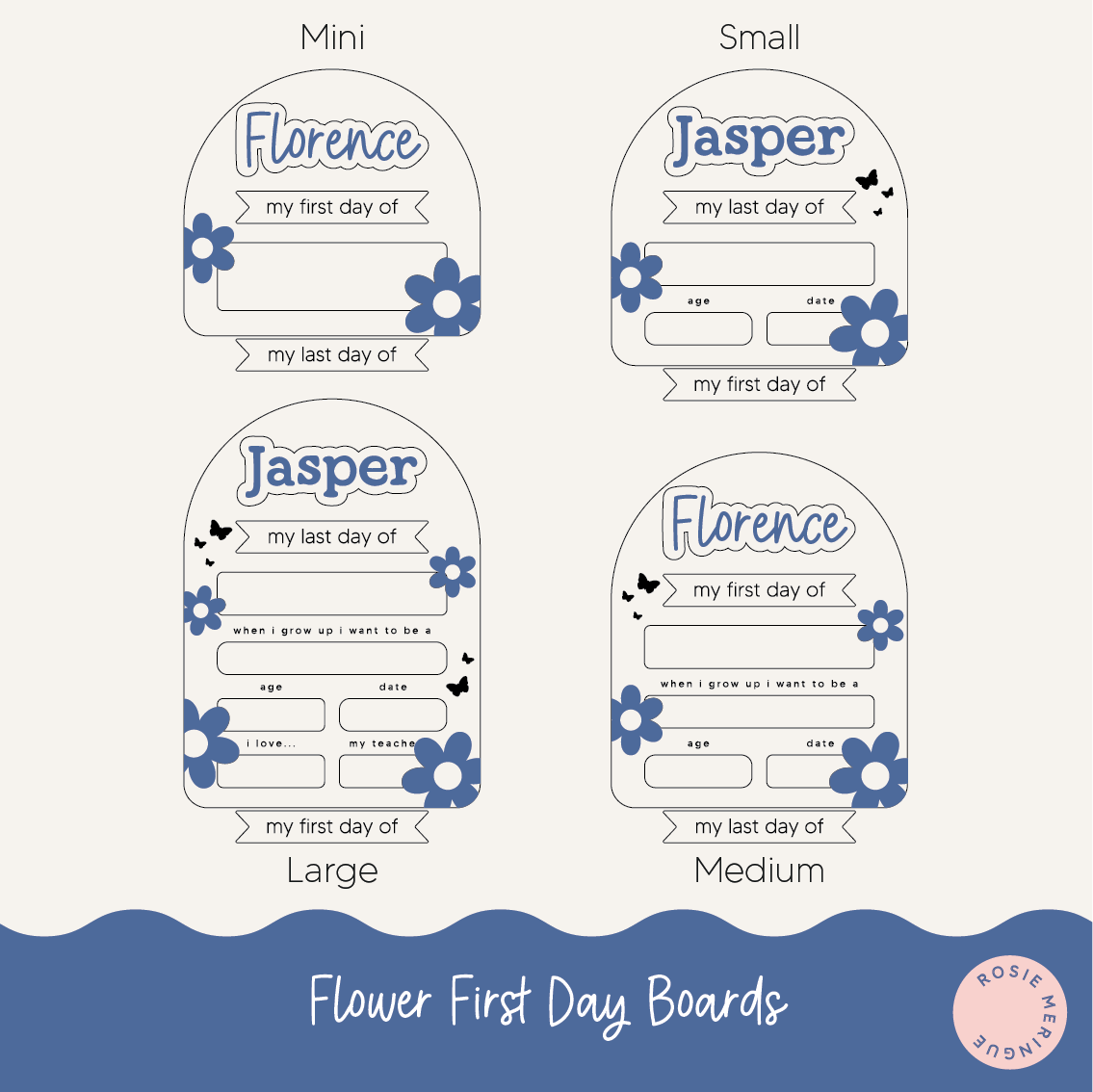 Flower First Day Boards with names 'Florence' and 'Jasper' in various sizes on a white background.