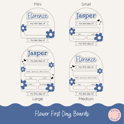 Flower First Day Boards with names 'Florence' and 'Jasper' in various sizes on a white background.