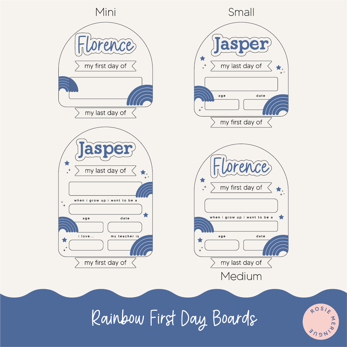 Set of rainbow-themed first day of school boards for children named Florence and Jasper.