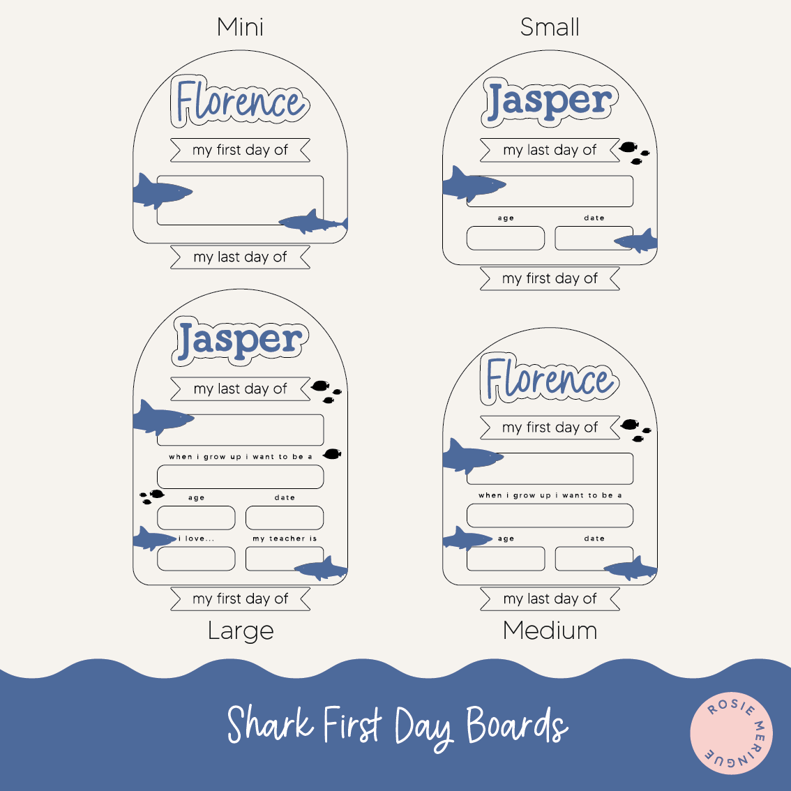 Shark-themed first day of school boards for children with sizes Mini, Small, Medium, and Large.