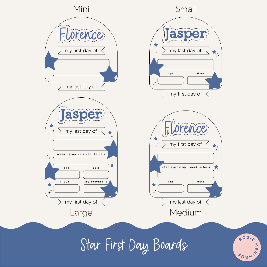 Star First Day Boards for children with options for Mini, Small, Medium, and Large sizes.