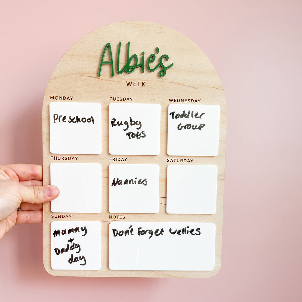 Kids personalised weekly visual schedule showing activities including preschool, rugby and toddler group