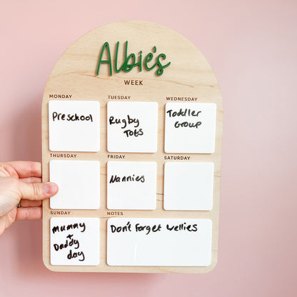 Kids personalised weekly visual schedule showing activities including preschool, rugby and toddler group