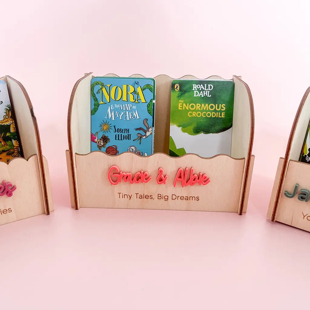 Personalised wooden Yoto card holders in small and large sizes with colourful acrylic names