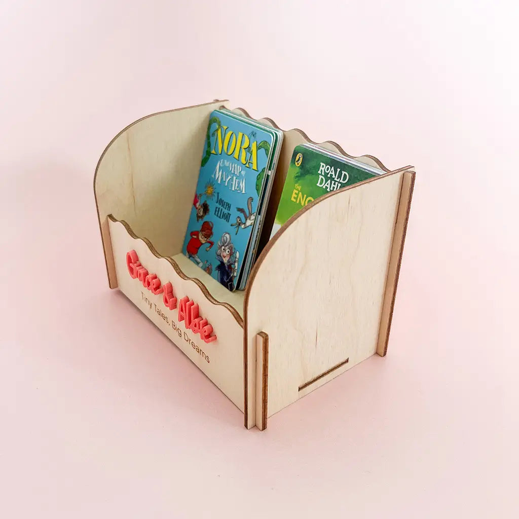 Side view of large wooden Yoto card storage holder showing the deep freestanding design