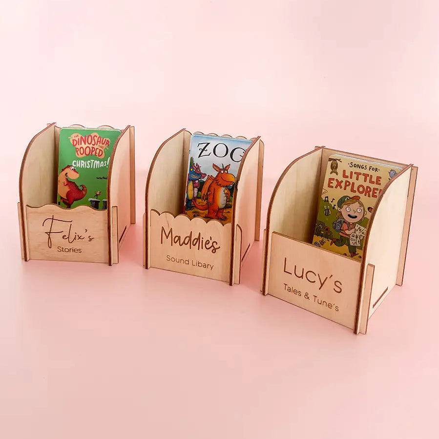 Personalised engraved wooden Yoto card storage boxes for organising children’s audio cards