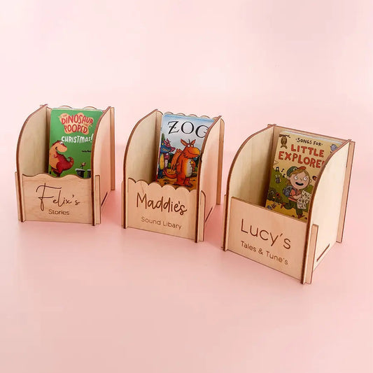 Personalised engraved wooden Yoto card storage boxes for organising children’s audio cards