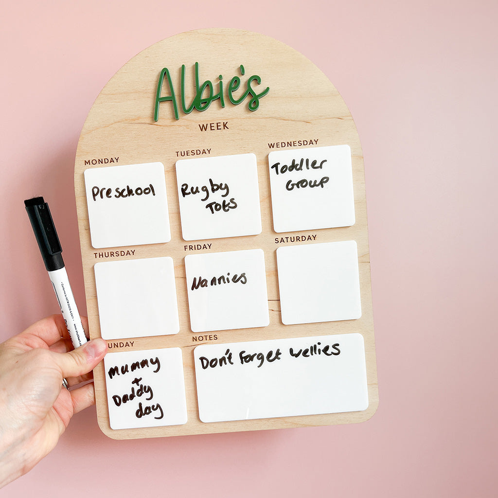 Personalised wooden kids weekly planner with wipe-clean day and notes sections