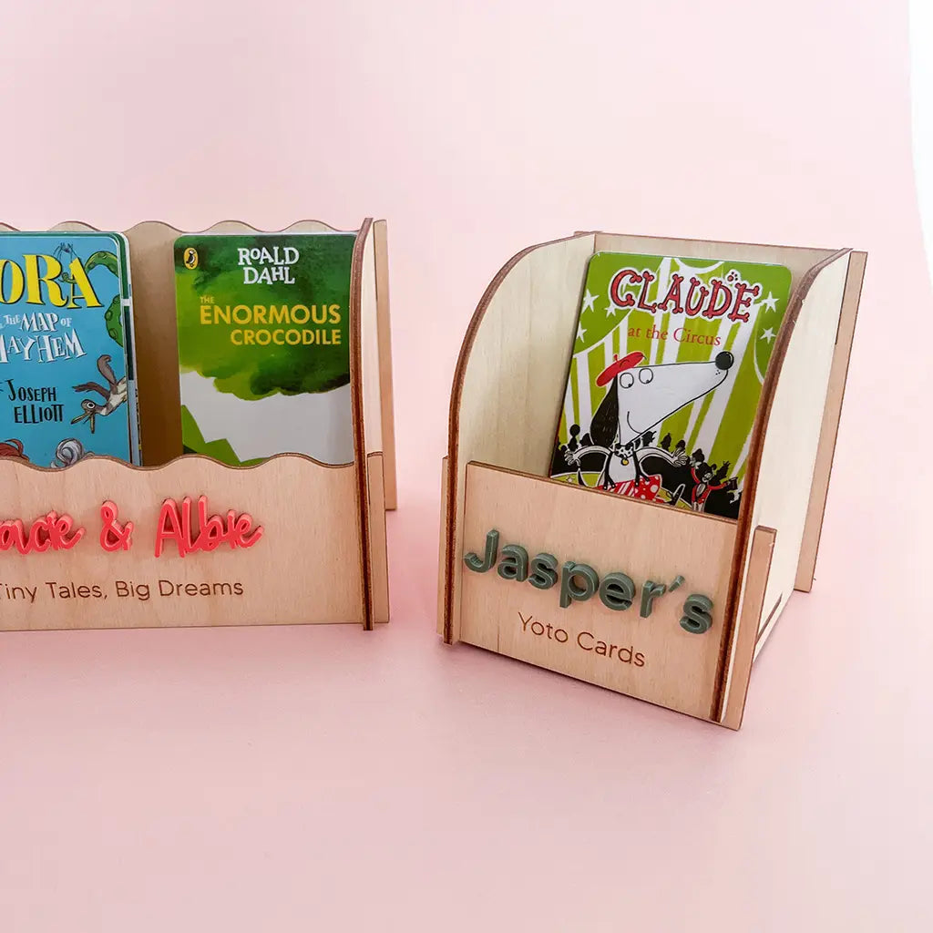 Personalised wooden Yoto card storage boxes in two sizes for organising kids audio cards