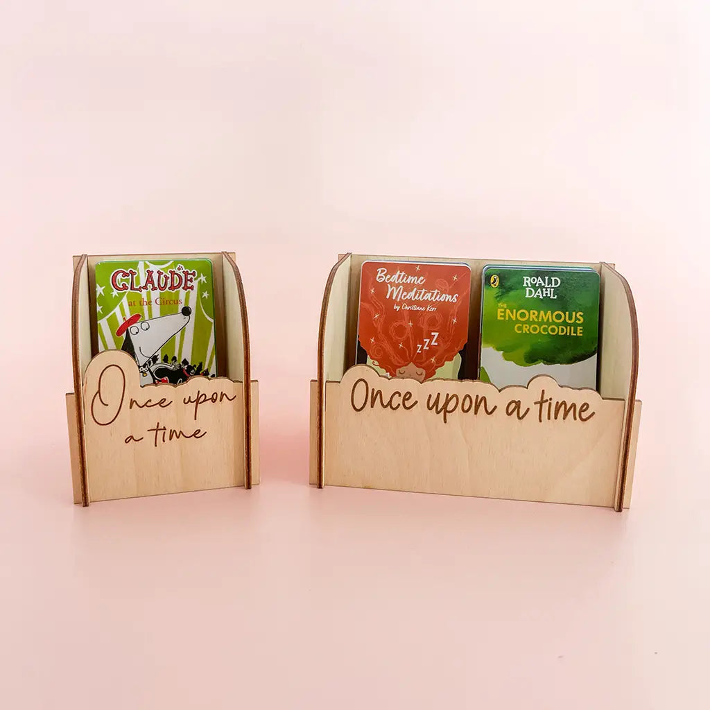 Large personalised wooden Yoto card holder with scalloped front and colourful acrylic names