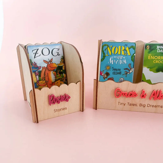 Large personalised wooden Yoto card holder with scalloped front and colourful acrylic