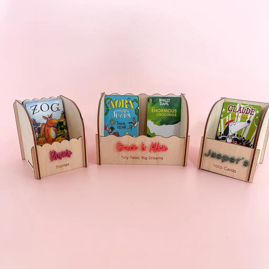 Personalised wooden Yoto card storage box with acrylic name and front-facing card display